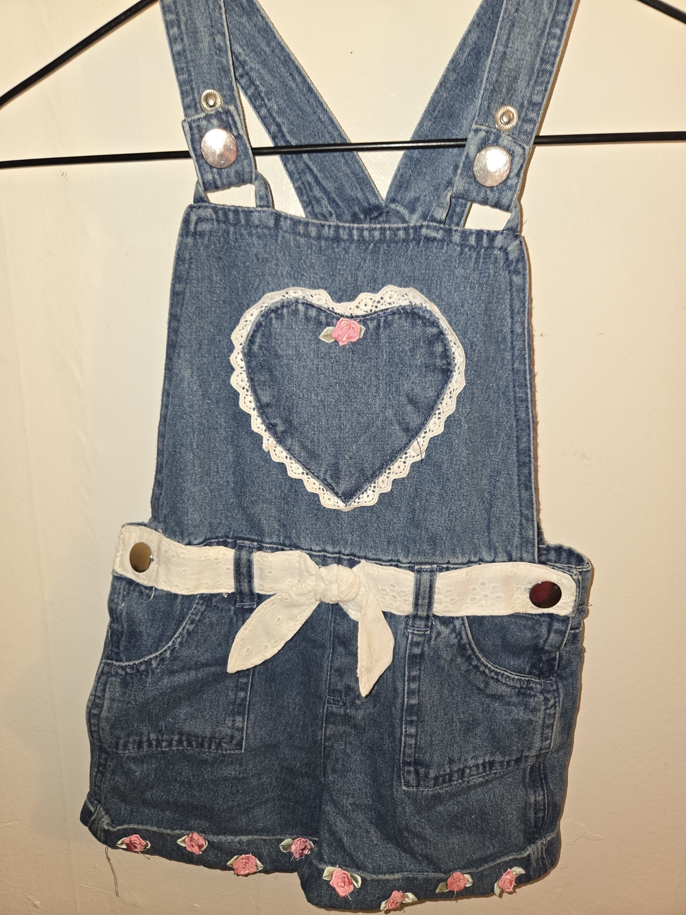 Nannette Blue Denim Heart Applique Short Overalls with Rose Trim